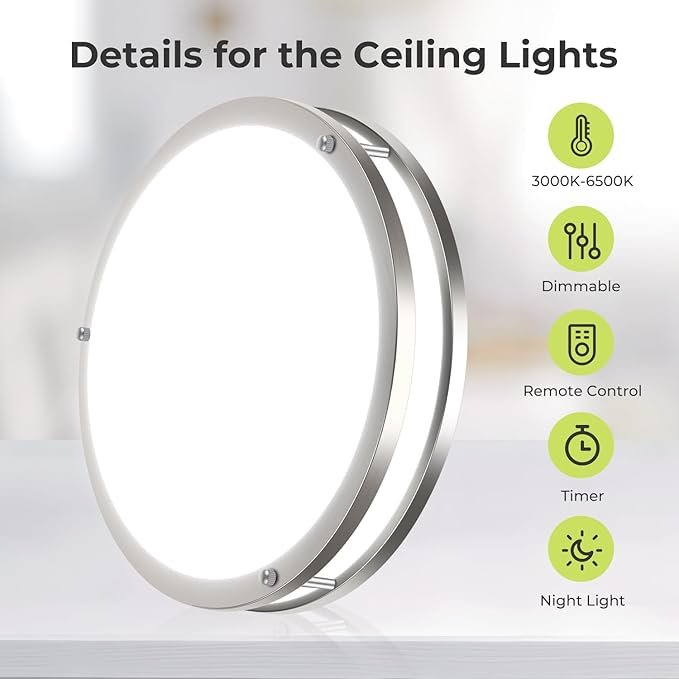 hepside 2Pack Flush Mount LED Ceiling Light with Remote, Dimmable& 3000K-6500K Adjustable Ceiling Light Fixture, Timer, Night Light, 13 inch Brushed Nickel Ceiling Lamps for Kitchen Bathroom Bedroom