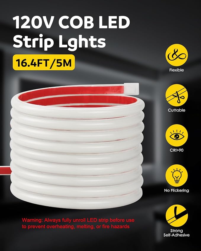 Aclorol 120V Outdoor Waterproof COB LED Strip 16.4FT Cold White 6000K Super Bright 288LEDs/M with ON-Off Swtich Control Flexible and Unifrom for Garden Fence Garage Patio Commercial Contour Lighting