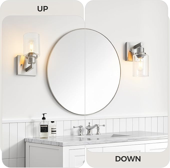Bathroom Wall Sconces Set of 2,Brushed Nickel Wall Sconce,Vanity Light with Clear Glass Wall Mounted Light Fixture,Farmhouse Wall Lamp for Bedroom Living Room Mirror Hallway