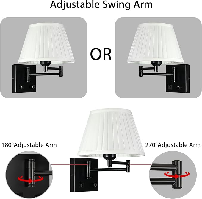 Wall Lamps for Living Room Bedroom Reading Light, Bulb Included | Wall Sconce with USB C+A Charging Ports, Adjustable Swing Arm 270°, Adjustable Color Temperature, White Fabric Cone lampshade