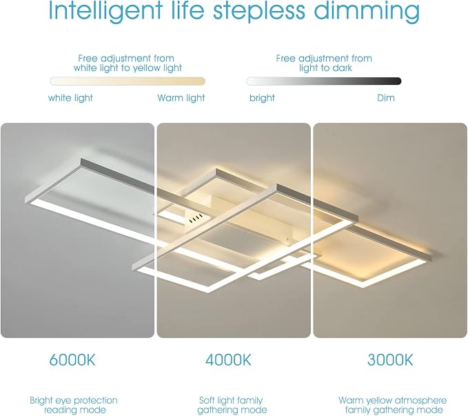 GEADI Modern 41.3in 3-Square LED Ceiling Light, 68W White Flush Mount | Dimmable Ceiling Lamp with Remote Control, 3000K-6000K, 5440 Lumens, Memory Function for Living Room, Bedroom and Dining Room