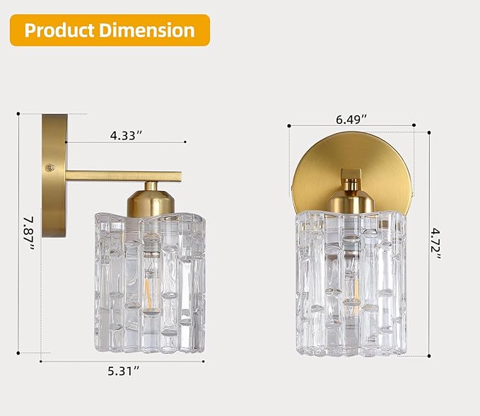 1-Light Modern Brushed Gold Crystal Wall Sconce, Hardwired Indoor Bathroom Vanity Light Fixture, Crystal Over Mirror Wall Lamp for Living Room, Bedroom, Hallway