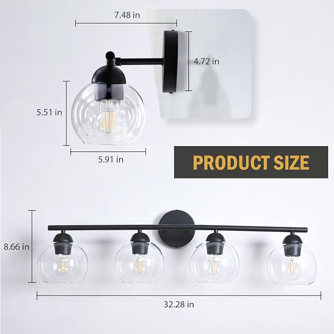 4 Light Bathroom Vanity Light, Black Vanity Light with Globe Glass Shades, Farmhouse Bathroom Light Fixtures Over Mirror, Modern Wall Light Fixture for Bedroom Hallway, E26 Socket