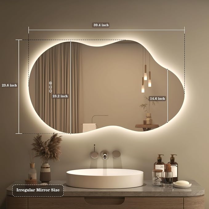 SMIROR 40x24 Irregular Backlit Led Lighted Bathroom Vanity Mirror | Asymmetrical, Cloud Shape, Anti-Fog, 3 Colors, Dimmable, Memory, Tempered Glass, UL