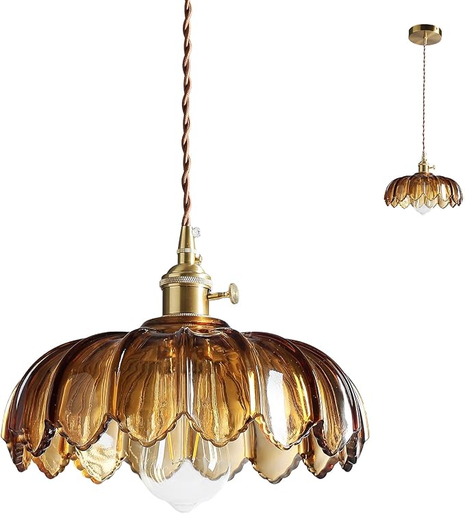XZHGCEE Pendant Lights Kitchen Island: Amber Glass Hanging Light Fixture with Rotating Switch, E26 Base - Modern Lighting for Dining Room, Bedroom & Living Room