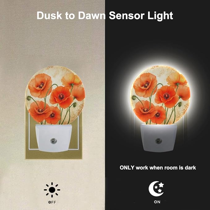 EKOBLA Poppy Flower Night Light, Vintage Red Orange Floral Night Lights Plug Into Wall with Dusk to Dawn Sensor for Hallway