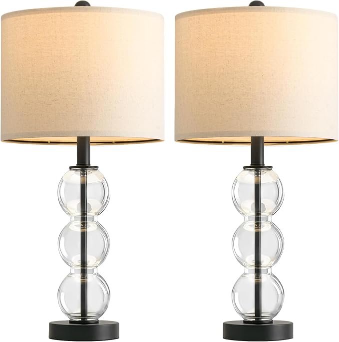 25" Glass Table Lamps Set of 2, Black Modern Table Lamps with USB Ports for Living Room, Linen Shade Bedside Lamps for Bedroom, Nightstand, Side Table (Bulbs not Included)