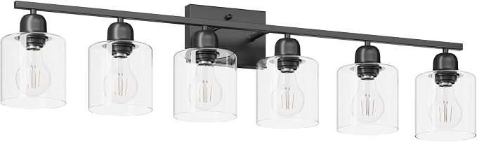 Black 6-Light Bath Vanity Lights for Mirror, Restroom Lights Fixtures with with Clear Glass Shades,Bathroom Over Sink Light Fixtures, Bathroom Light Fixtures Over Mirror