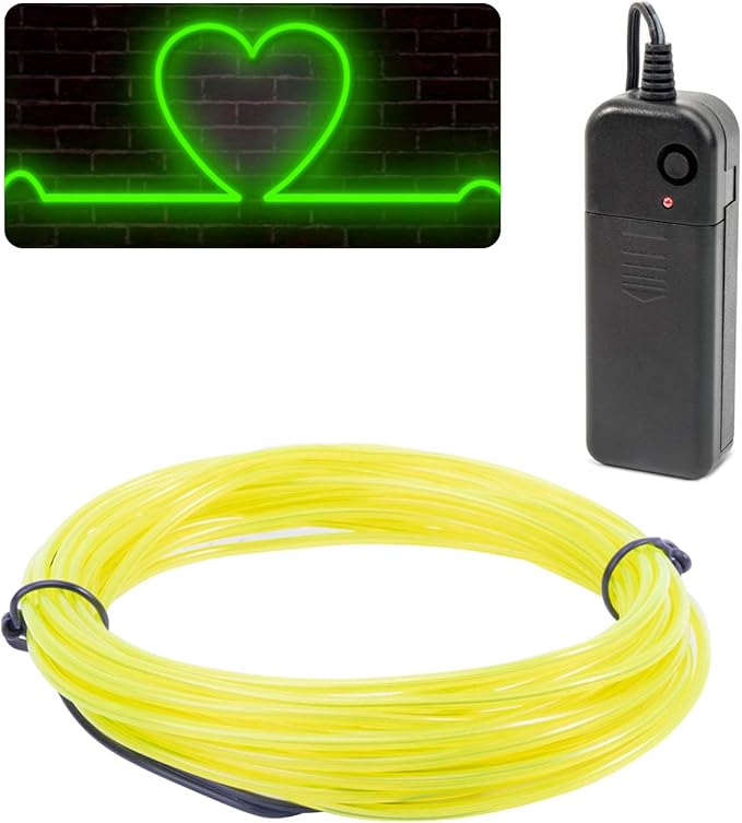 JIGUOOR EL Wire Battery Pack 16.4ft / 5m Bright Neon Light Strip 360° Illumination Neon Tube Rope Lights for DIY, Festival, Party Decoration, Pub, Halloween, Chrismas (16.4ft / 5m, Fluorescent Green)