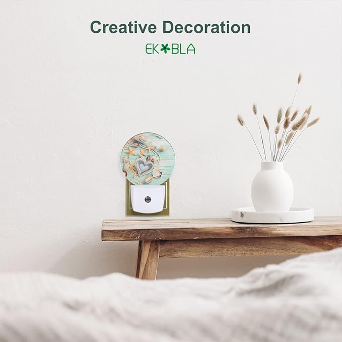 EKOBLA Beach Night Lights Plug into Wall Seashell Starfish on Wooden Board Coastal Led Dusk to Dawn Plug-in Nightlights Auto Sensor for Home Indoor Bathroom Hallway Kitchen