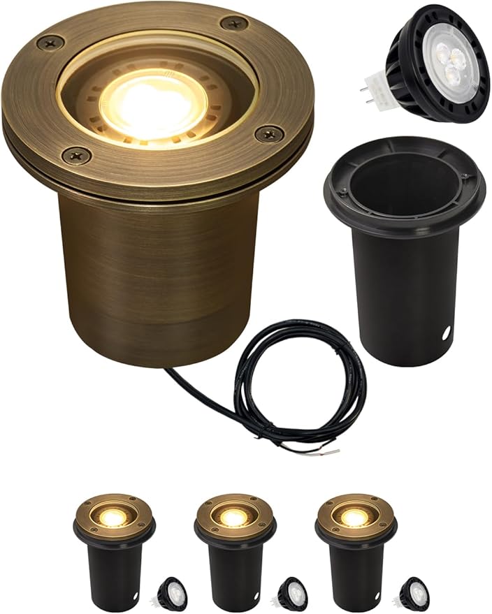 MALORY Brass Landscape Well Lights,(φ99 mm) 12V Low Voltage Outdoor In Ground Lights,Heavy Outdoor Lighting for Pathway, Driveway and Garden (Full Brass -01A, 4-Pack with Bulb)