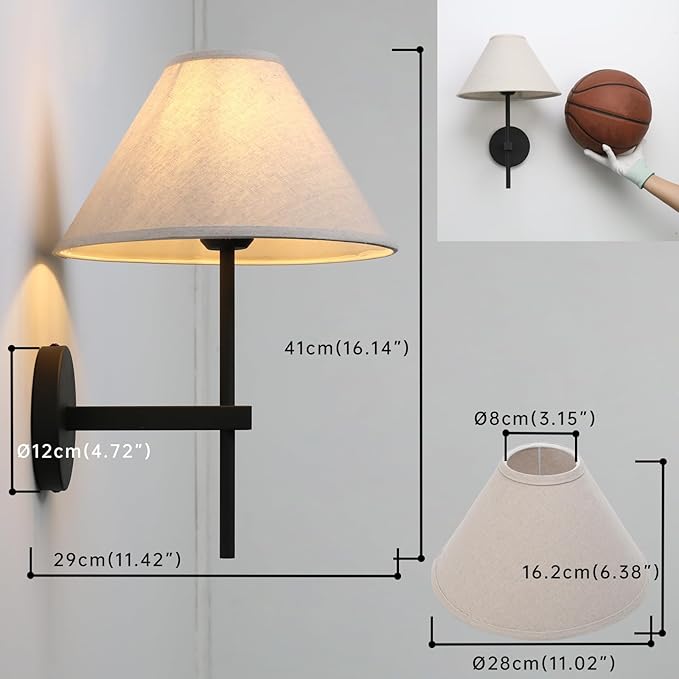Pathson Hardwired Linen Wall Sconce Big Cone Fabric Lampshade, Vintage Wall Vanity Light Fixture Upwards Install, Indoor Bedside Lamp Victorian Decor for Living Room, Stairwell, Fireplace, Foyer