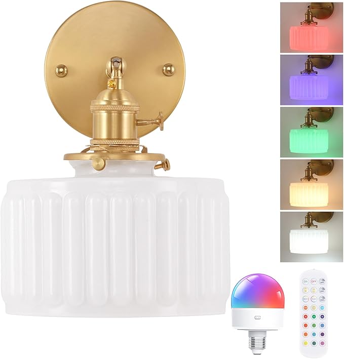 Shenmoyl Vintage Battery Operated Wall Sconce with White Striped Glass Lampshade 5000 mAh Rechargeable Battery Powered Wall Light with Remote Control for Bedside Bedroom Doorway