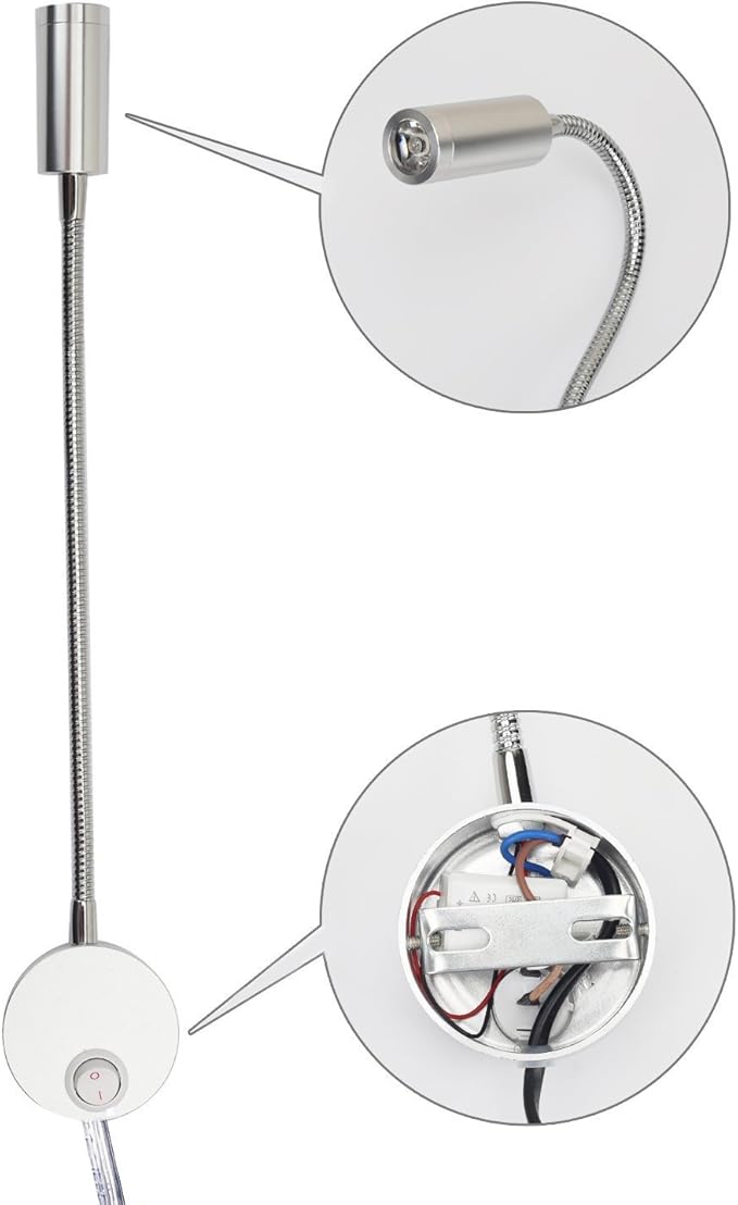 3W Wall Mounted Reading Light Flexible Gooseneck LED Sconce Lamp with Plug & Switch for Bedroom, Office, Workbench, Studio (01 Silver Warm)