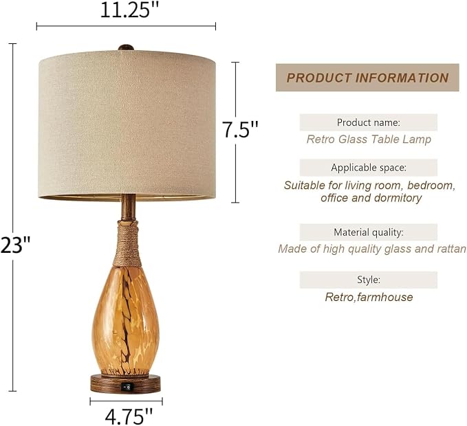 23" USB A+C Table Lamp for Bedroom Living Room Modern Bedside Lamps Retro Farmhouse Rattan Glass Nightstand Nightlight Lamps (Amber),Two Light Points