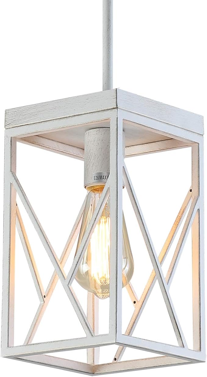 Modern Farmhouse Pendant Light with Metal Cage, One-Light Adjustable Rods Rustic Mini Pendant Lighting Fixture for Kitchen Island Cafe Bar, White with Gold