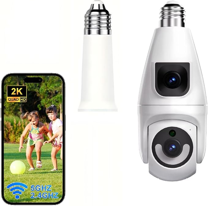 Ameyes Light Bulb Indoor Camera Wireless with Dual-Lens, 1080P Dog/Pet Cameras for Home Security, 2.4&5GHz WiFi Camera with Phone App, Color Night, Motion Detection, Compatible with Alexa