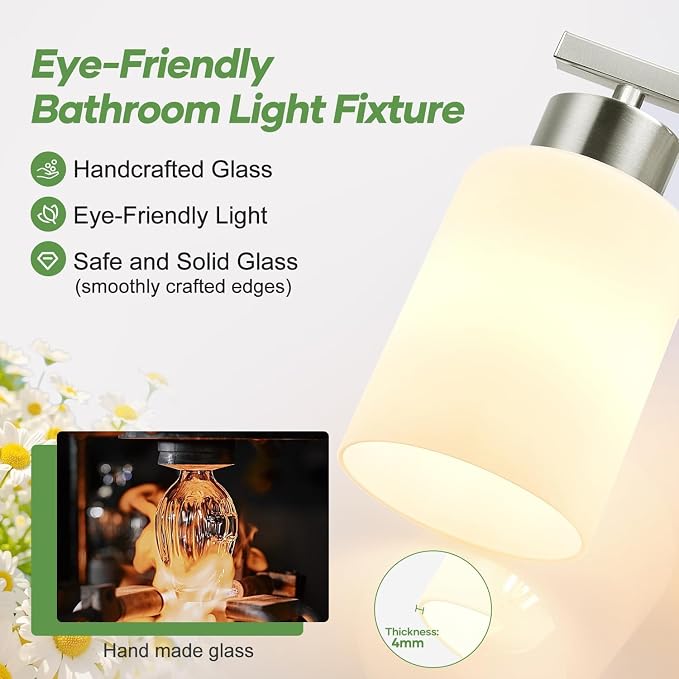 Brushed Nickel Bathroom Light Fixtures with Milk Glass Shades, Eye-Friendly 6 Light Vanity Lights for Bathroom, Vanity Lights with E26 Socket (Bulbs Not Included), for Mirror, Bedroom, Hallway