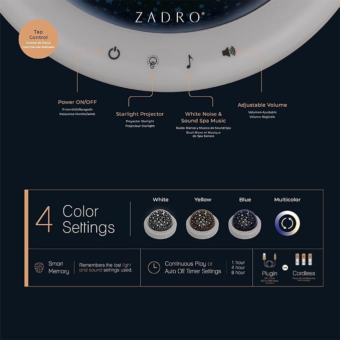 Zadro LED Star Night Light for Kids Room Starlight Projector with Multi Color Starry Nights Globe and Variety of Sounds (8" Dia. by 5.5" Tall, Gray)