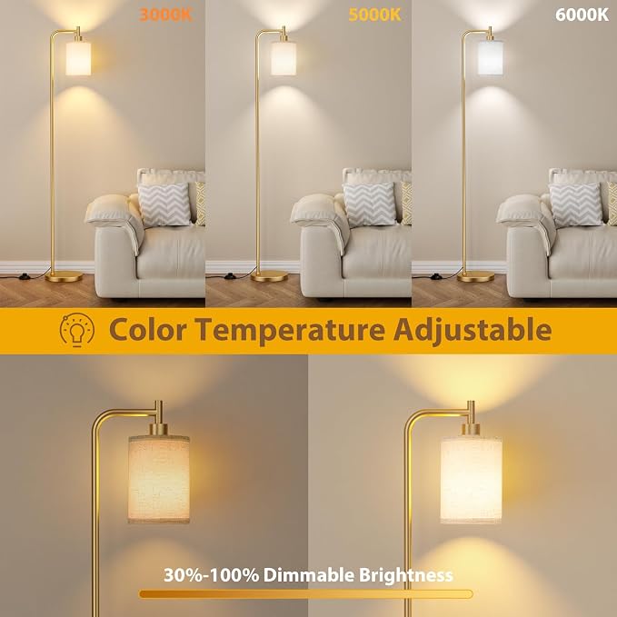 Ziisee 64" Floor Lamp for Living Room with Remote Control, Beige Shade with Gold Pole, Dimmable Tall Lamps for Bedroom Office Corner, 9W LED Bulb Included