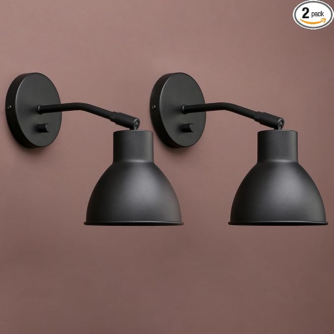 Yosoan Set of 2 Indoor Reading Wall Sconce with On Off Switch, Brass Modern Vintage Industrial with 340 Degree Angle Wall Mount Lamp Fixture, 5.7" Black Bowl Metal Shade Bedside Vanity Bunk(Black)
