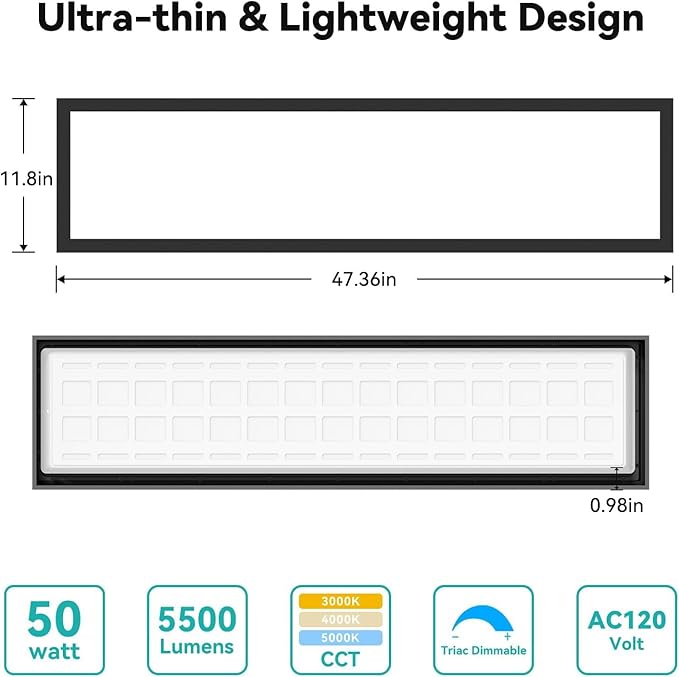 1x4 LED Flat Panel Light Surface Mount 18Pack, 50W 5500LM LED Ceiling Light, TRIAC Dimmable, Selectable 3000K/4000K/5000K, 120V, for Garage, Kitchen, Office, Commercial Use-Black