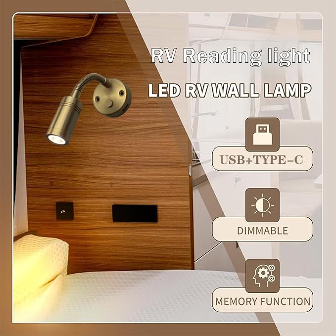 12VDC RV Reading Light with Dual USB Port(USB and USBC), LED Wall Lamp with Switch, for Camper Trailer Boat, Vintage Brass Finish,(2-Pack 3000K Dimming) | USB+Type-c,Dimmable,12v reading lighting