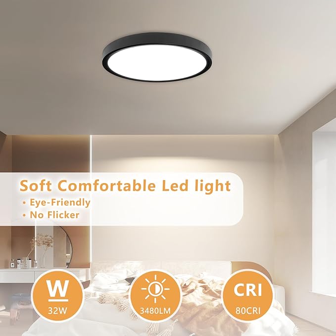 4PK 15.8 Inch Led Ceiling Light Flush Mount, 32W, 3480LM, 3000K/4000K/6000K CCT Selectable Super Slim Ceiling Light, Close to Ceiling Round Flat Panel Fixture for Hallway, Bedroom,Kitchen, Black