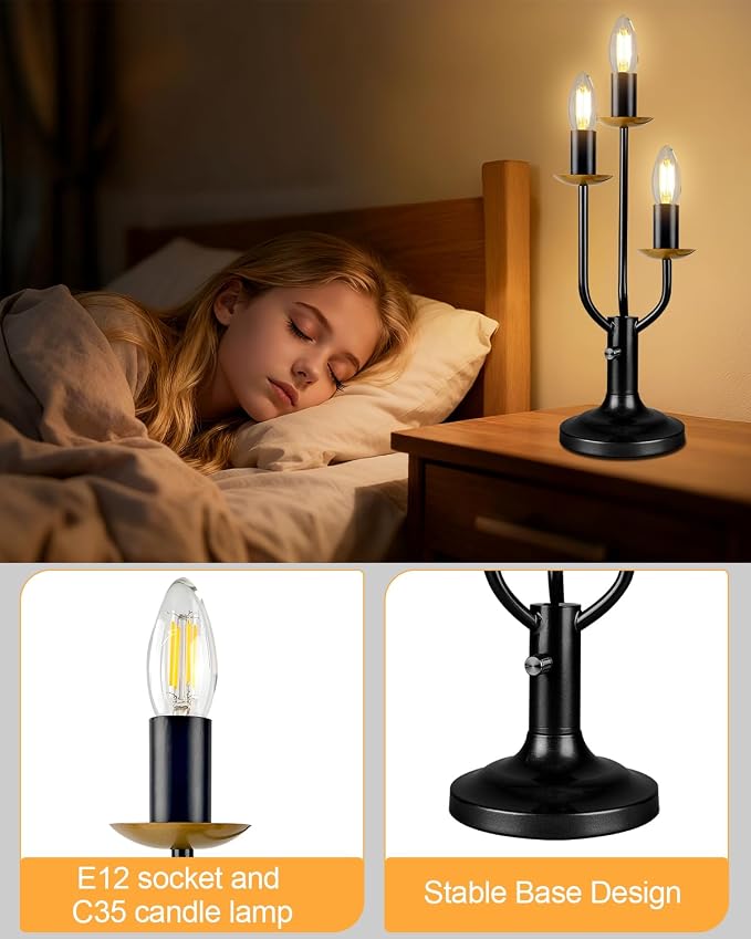 Vintage Black Candelabra Table Lamp Dimmable Gift E12 Bulbs Included