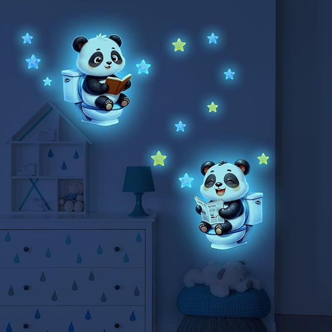 2 Sheets Glow in The Dark Panda Toilet Wall Stickers Cartoon Toilet Decals Bathroom Funny Panda Night Light Decor (Blue Panda)