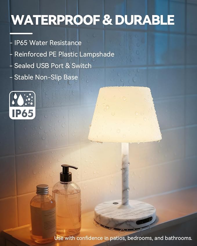 SAIWEYA Outdoor Waterproof Shower Lamp, 5200mAh Rechargeable Bathroom Lamp | IP65 Cordless Shower Light, Touch Dimming, Long-Lasting Battery, Versatile for Patio, Camping, Bathroom, Restaurant & Kitchen