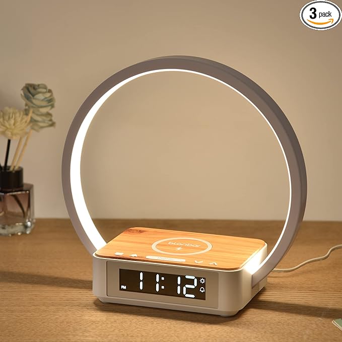 Desk Lamp with Alarm Clock Qi Wireless Charger, Touch Lamp for bedroom 3 Light Hues, Bedside Lamp 10W Max Wireless Charging Table Lamp LED Eye-Caring Reading Nightstand Light for Living Room