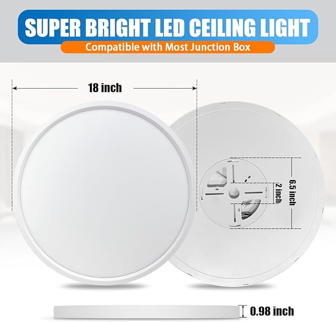 Allsmartlife Led Flush Mount Ceiling Light 2-Pack, 18 inch 36W 4650lm Dimmable Led Ceiling Light, 3000K/4000K/6500K, Round Led Light Fixture for Laundry Room, Hallway