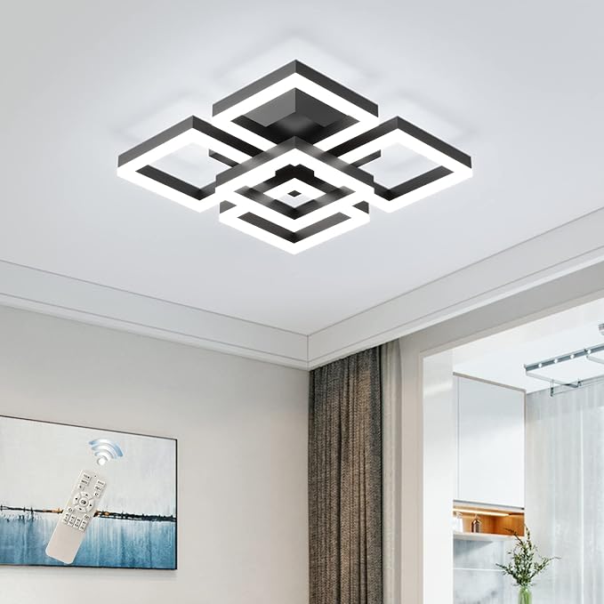 GEADI Modern 5-Square LED Ceiling Light, 64W Black Flush Mount | Dimmable Ceiling Lamp with Remote Control, 3000K-6500K, 17.7in Acrylic Chandelier for Living Room, Bedroom and Office