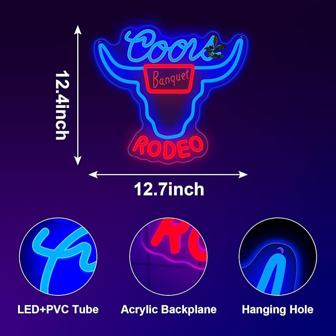 Western Decor Cowboy Neon Sign - 9 Brightness Adjustments Usb Powered, Cow Skull Light, Sign Beer, Bar Club Bull Led Wall Decor, Blue