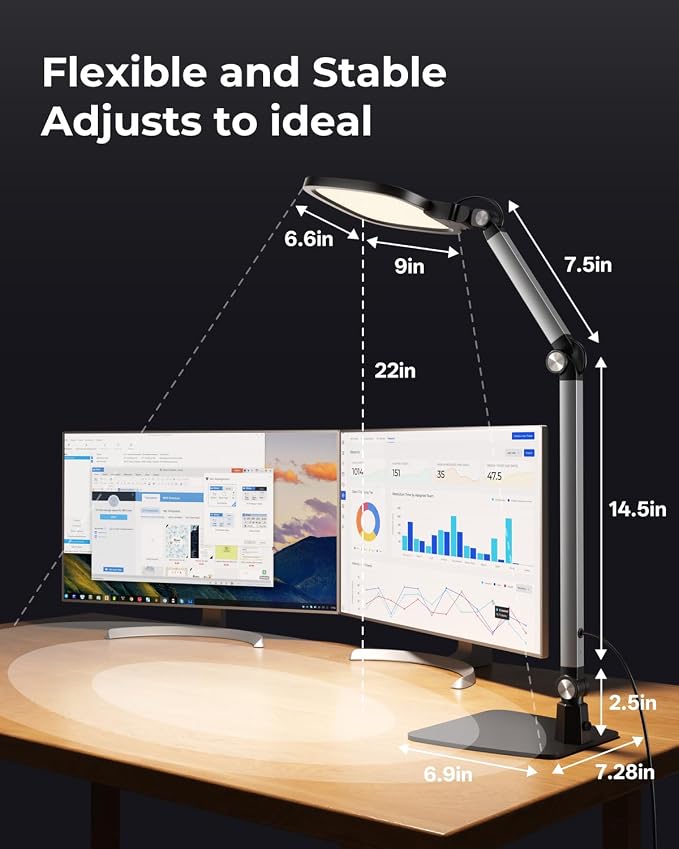 Led Desk Lamp for Office Home Video Reading Swing Arm Task Light | 1200lm Eye-Caring Desk Light for Computer Monitor, Dimmable 5 Color & 5 Brightness, Timer & Memory, Touch & Remote