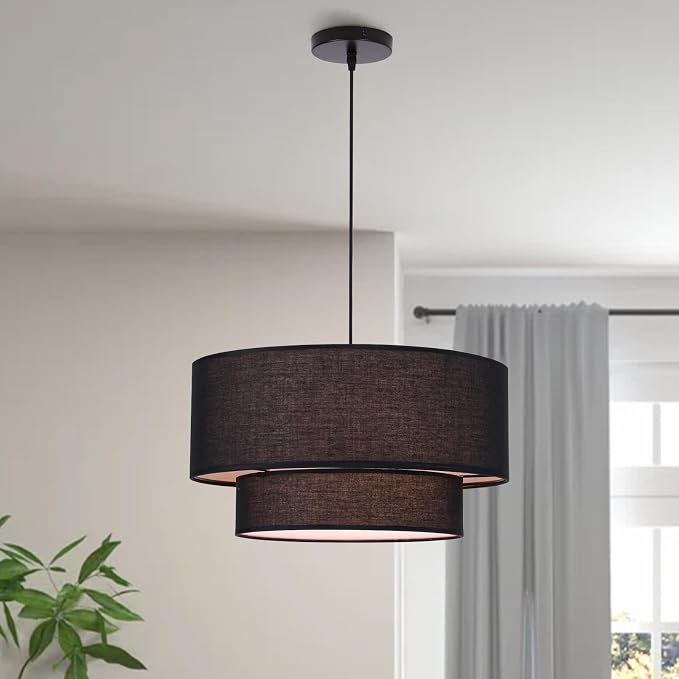 Black Drum Pendant Light Fixtures, 18” Double Drum Chandelier with Fabric Lampshade E26 Base, 3 Light Dining Room Light Fixture, 2-Tier Chandelier for Bedroom and Kitchen(Bulb not Included)