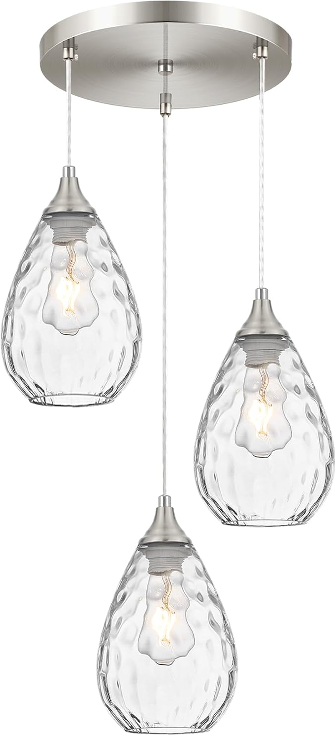 Brushed Nickel Dining Room Chandelier Light Fixture Over Table, Modern 3-Light Pendant Lighting with Hammered Glass, Cluster Hanging Lights for Kitchen Island Dining Room