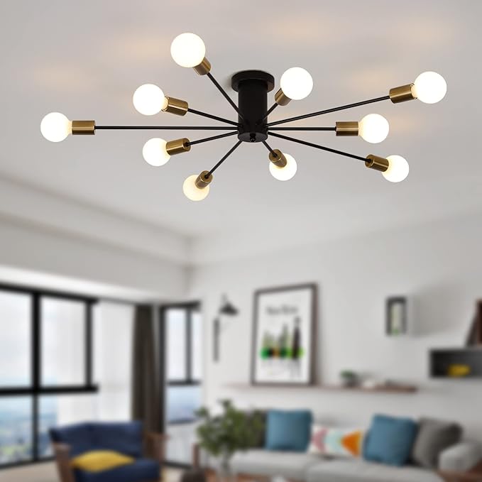 Garwarm Modern Sputnik Ceiling Light, 10-Light Mid Century Sputnik Chandelier Industrial Semi Flush Mount Ceiling Light Fixture for Living Room Kitchen Bedroom Farmhouse Dining Room(Black+Gold)