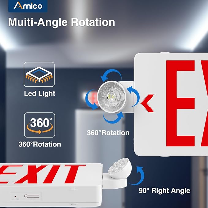 Amico 18 Pack Red Exit Sign with Multi-Angle LED Emergency Lights | ETL Listed, Wall & Ceiling Dual Mount, Hard Wired 120/277V AC, 90 Min Backup, 94V-0 Fire Resistant Plastic Housing