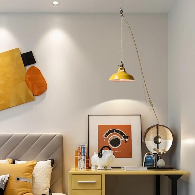 YUBOLE Nordic Plug in Hanging Pendant Light with Yellow Metal Barn Shade | 10.6"W Barn Shade, E26 Hanging Swag Light Fixture with Switch for Kitchen Bedroom Foyer Dining Bar Reataurant Cafe Loft