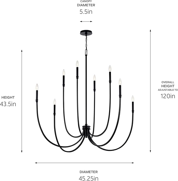 Kichler Malene 8-Light Foyer Chandelier, Updated Traditional Light in Black, Sloped Ceiling Compatible, for Foyer, Dining Room or Living Room (43.5" x 42.25"), 52699BK