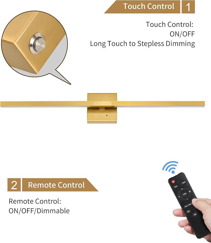Rayogale Gold Battery Operated Wall Sconces with Remote Control, 32 Inch | 3000/4500/6000K Dimmable 8000mAh Rechargeable Battery Wall Sconces Set of Two with Timer for Living Room, Bedroom