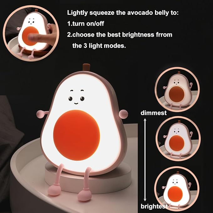 Avocado Night Light, Fruit Night Lamp for Kids Bedroom USB Rechargeable Lamps 3 Brightness Levels, Nursery Bedside Delay-Off Nightlight for Baby Toddler Boys Girls Birthday Christmas, Green
