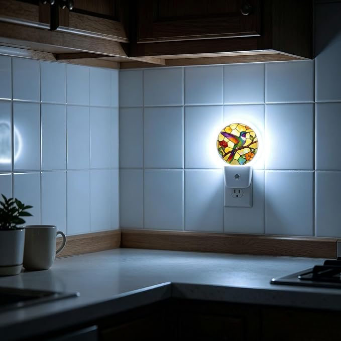 Decorative Night Lights Stained Glass Hummingbird Plug-in Nightlight | Retro Vintage Night Lights Plug into Wall LED Lamp Dusk-to-Dawn Auto Sensor for Bedroom Kitchen Toilet Hallway, Energy Saving