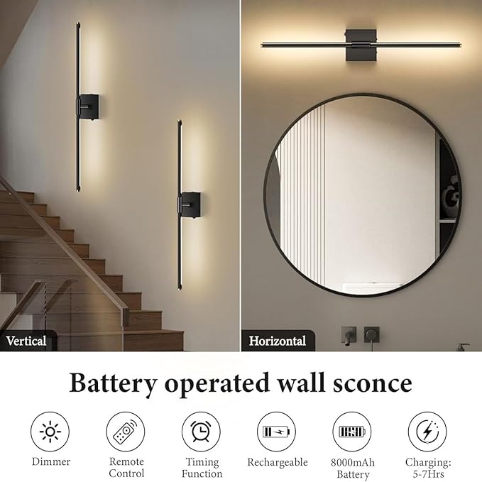 Wall Sconces Set of 2 Battery Operated, Wireless USB 8000mAh Rechargeable Wall Lights with Remote Control,3000K-6000K LED Dimmable Decor Lamp for Living Room,Bedroom,Hallway (27in Black)