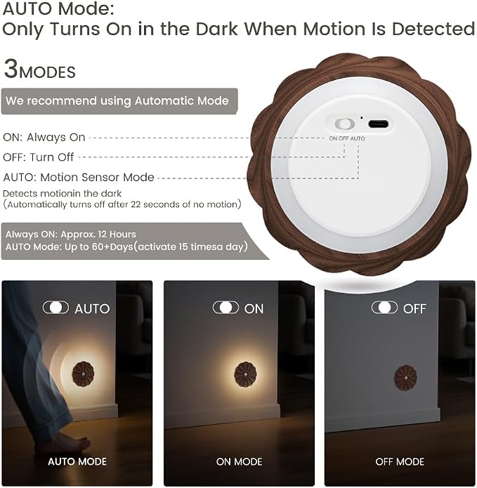Motion Sensor Night Light, Rechargeable Wooden Flower Lights, Magnetic | Flower Night Light 2Pack, Warm White 3000K , Magnetic Stick-on , Sensor Light for Stair, Hallway, Bedroom, Black Walnut