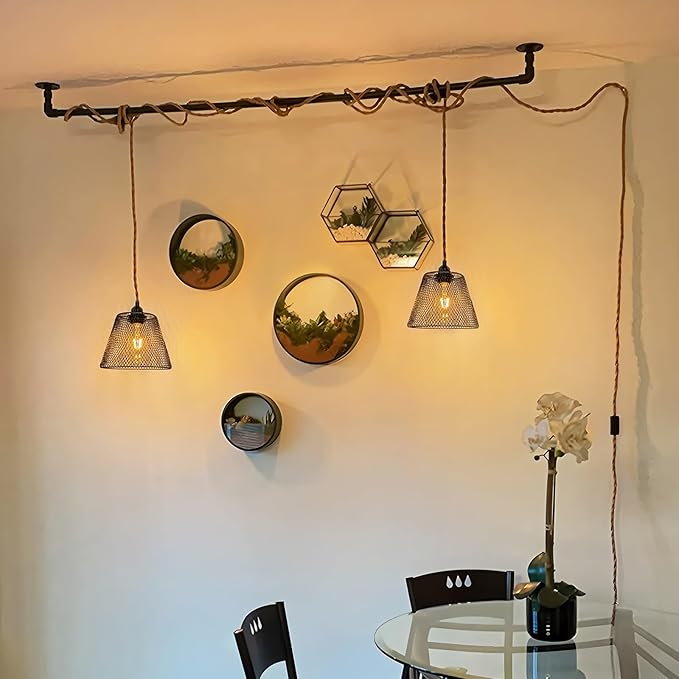 2 Light Plug in Pendant Light Cord, 19.68ft Hemp Rope Cable, Black Metal Cage Lampshade Ø20cm, E26/E27 Socket Vintage Hanging Lights with Plug in Cord for Dining Room Living Room