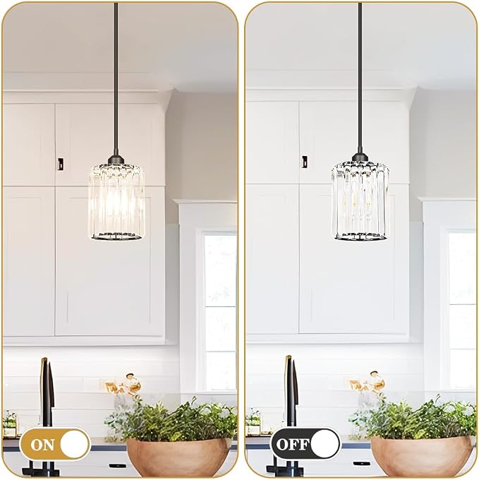Lxybcce Black Kitchen Pendant Lights Over Island with Adjustable Rods - Crystal Pendant Lighting Fixtures 3 Pack, Ideal Over Dining Table or Bar, E26 Bulb Compatible, No Electrician Needed