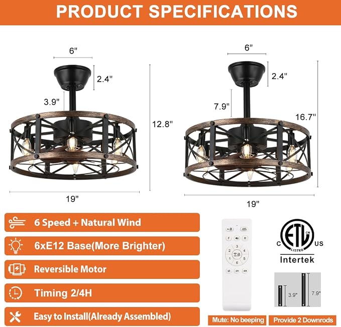 SHLUCE 19 Inch Farmhouse Fandelier with Light, ETL Listed | Remote Controlled, Bladeless Fandelier Design, Quiet Operation, Energy Efficient, Ideal for Bedroom & Kitchen Indoor Use